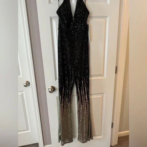 Alyce Paris Black and Gold Sequin Jumpsuit - Picture 4 of 9